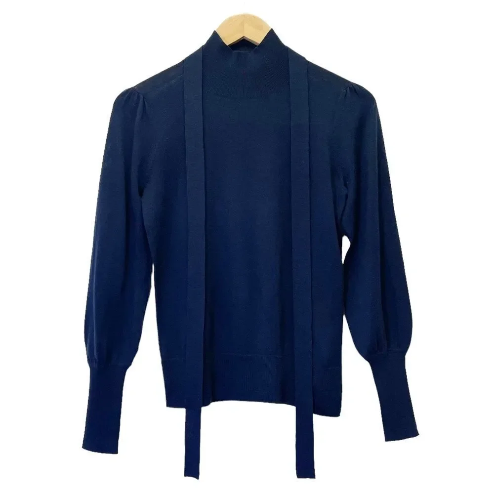 J. Crew Sweater Merino Wool Tie Neck Turtleneck in Navy Blue Women’s Size XXS